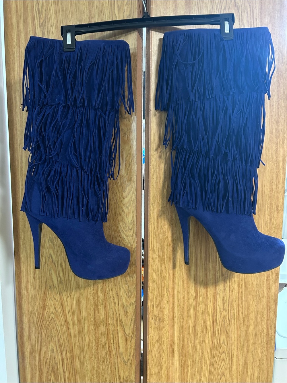 Shoe Dazzle Royal Blue Fringe Knee-High Platform Stiletto Boots
